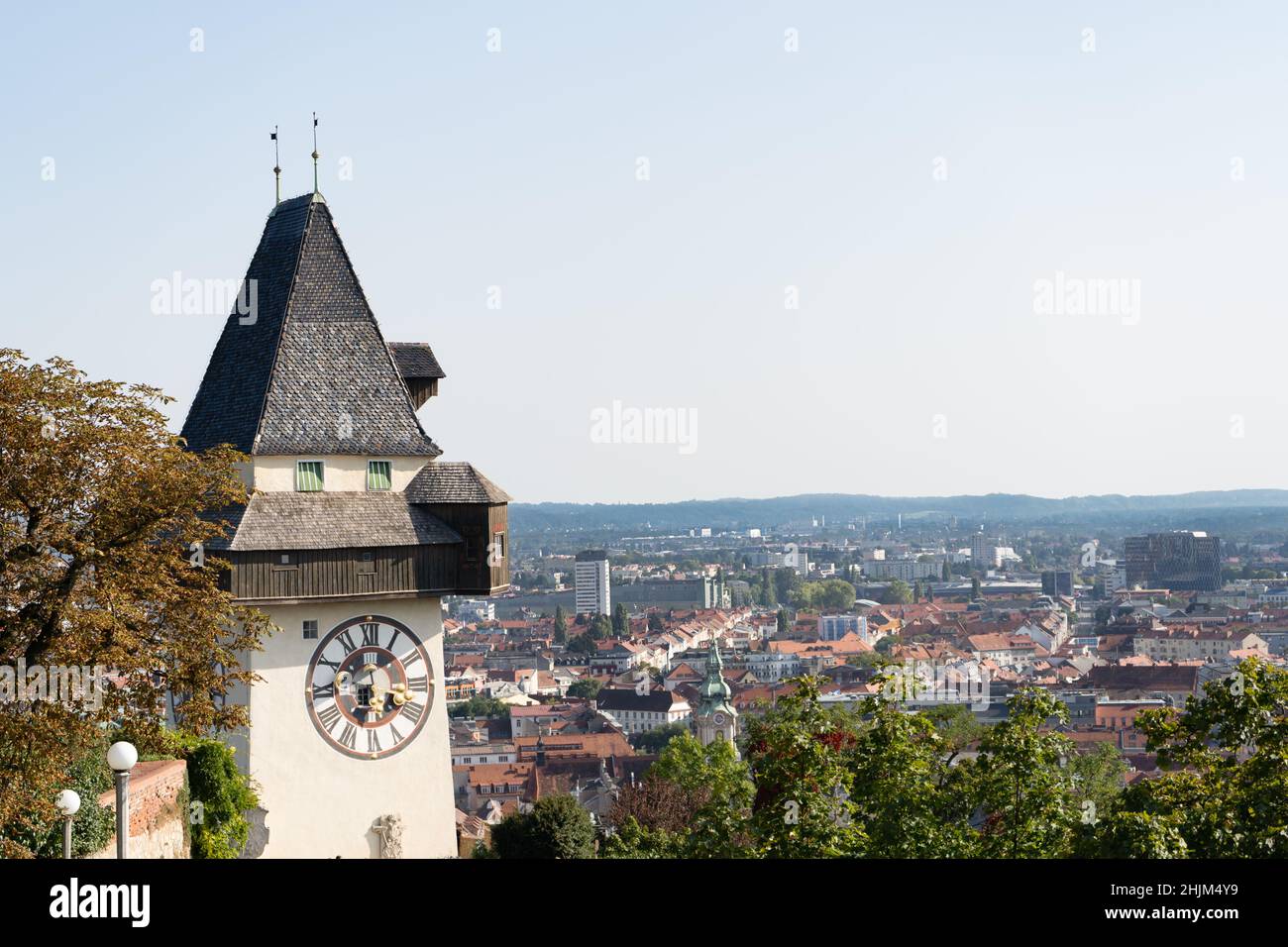 Amazing aerial view of Graz city landscape with the famous clock tower ...