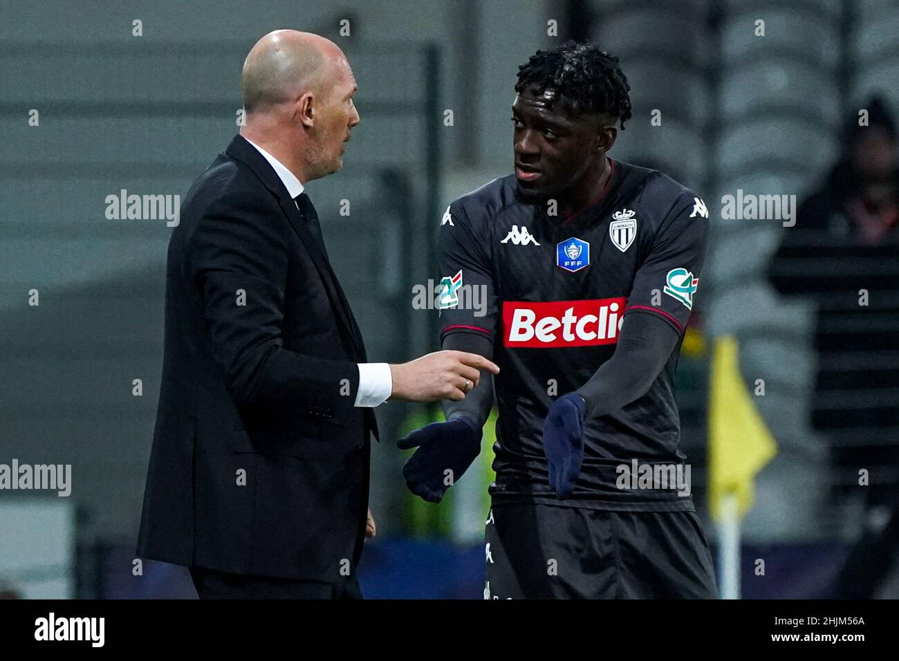 LENS, FRANCE - JANUARY 30: head coach Philippe Clement of AS Monaco, Axel Disasi of AS Monaco during the Coupe de France match between RC Lens and AS Monaco at Stade Bollaert-Delelis on January 30, 2022 in Lens, France (Photo by Jeroen Meuwsen/Orange Pictures) Stock Photo