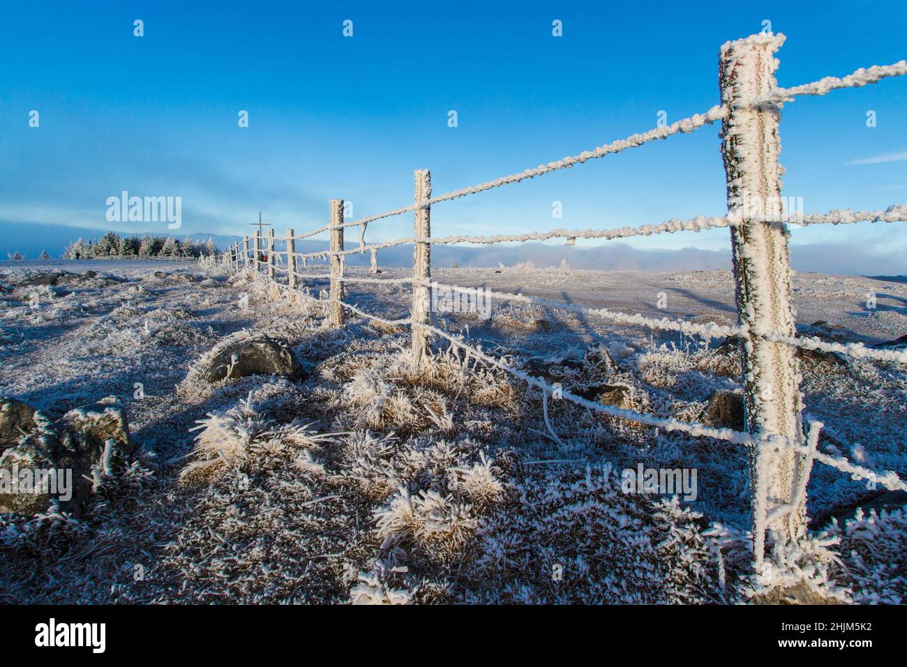 Frozen fence on a mountain range in Austria Stock Photo