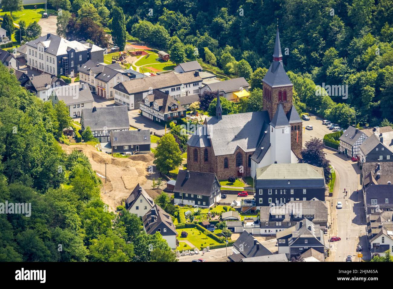 Aerial view, church St. Peter and Paul, Kirchhundem, Sauerland, North Rhine-Westphalia, Germany, place of worship, DEU, Europe, religious community, p Stock Photo