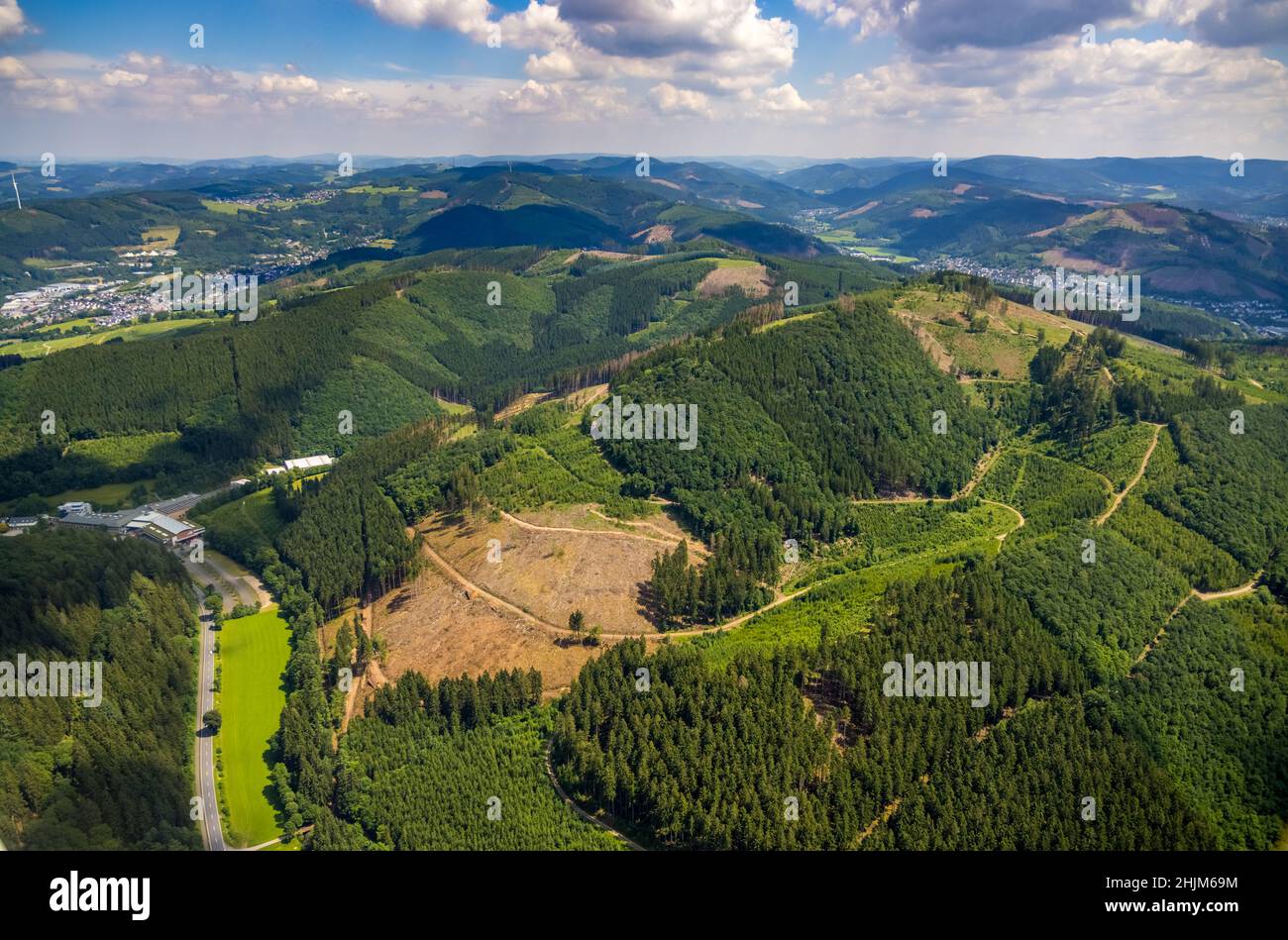 Aerial view, forest area with forest damage near Benolpe, Bilstein, Kirchhundem, Sauerland, North Rhine-Westphalia, Germany, tree death, bark beetle d Stock Photo