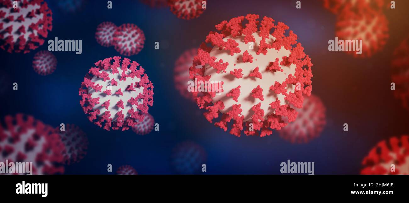 Microscopic close-up of the covid-19 disease. Corona virus 2019-ncov flu outbreak. 2019-nCoV analysis on microscope level 3D rendering. Covid backgrou Stock Photo