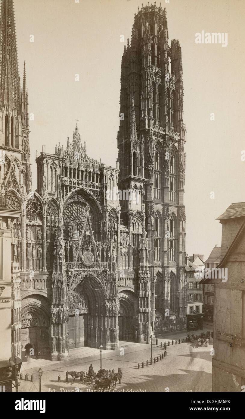 Antique circa 1890 photograph of the west facade and the Tour De Beurre of Rouen Cathedral in Rouen, France. SOURCE: ORIGINAL ALBUMEN PHOTOGRAPH Stock Photo