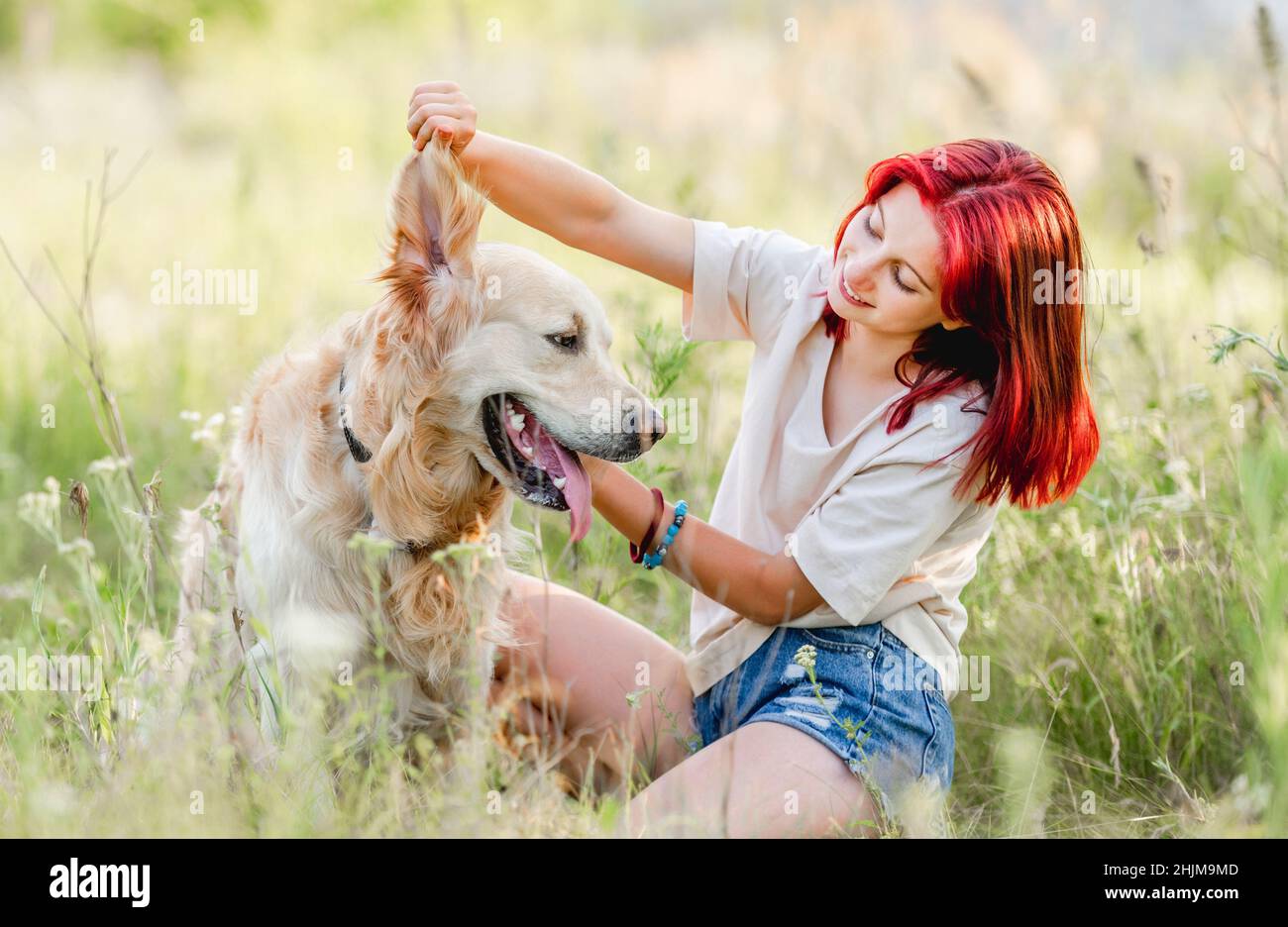 Teen girl with golden retriever dog Stock Photo - Alamy
