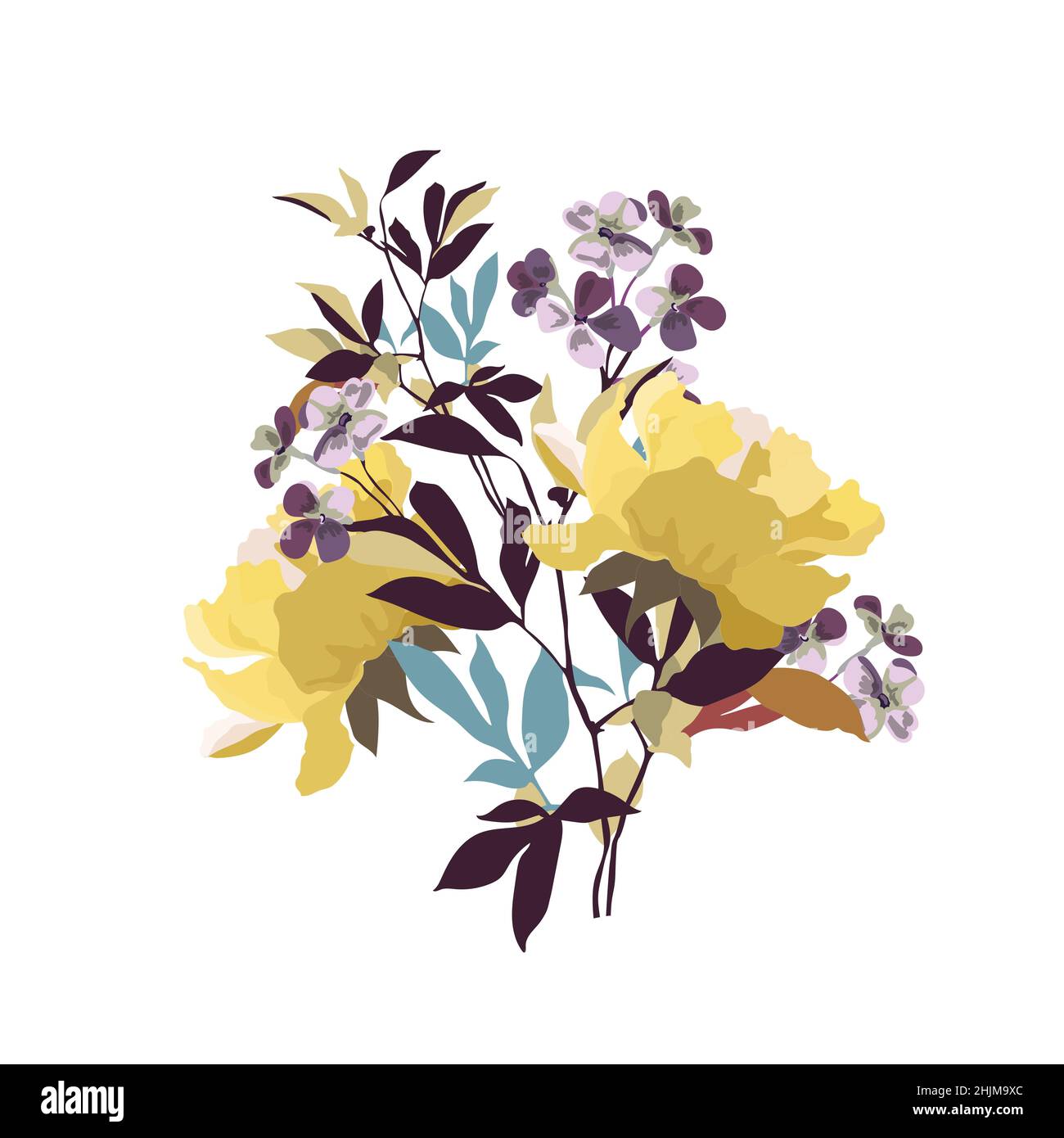 Vector floral illustration. Bouquet of yellow flowers with burgundy twigs and leaves. Stock Vector