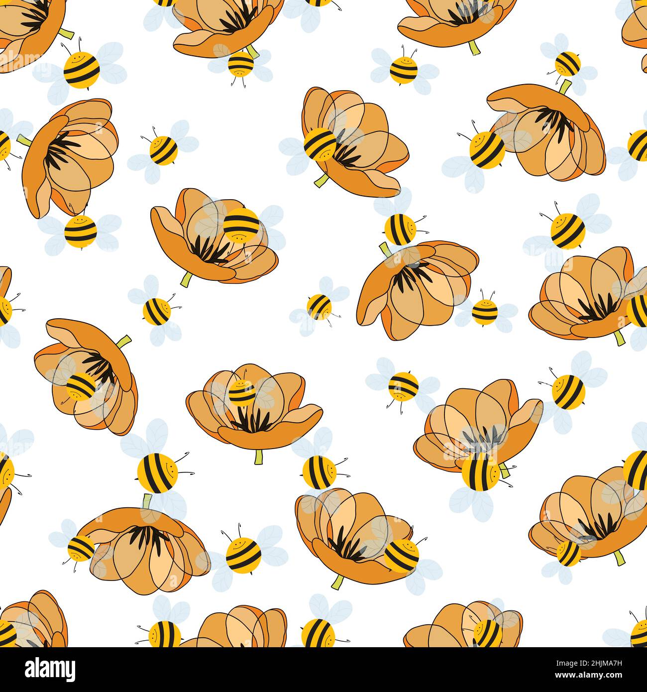 Seamless pattern with bees on floral background. Small wasp. Vector ...