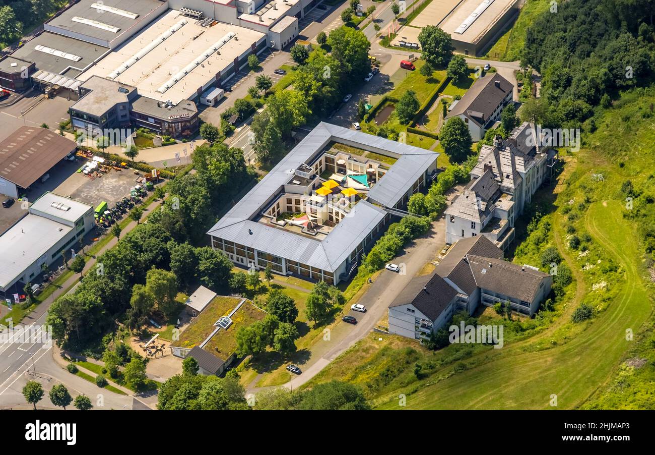 Aerial view, Caritas retirement home and nursing home St. Franziskus-Haus, Elspe, Lennestadt, Sauerland, North Rhine-Westphalia, Germany, demolition, Stock Photo