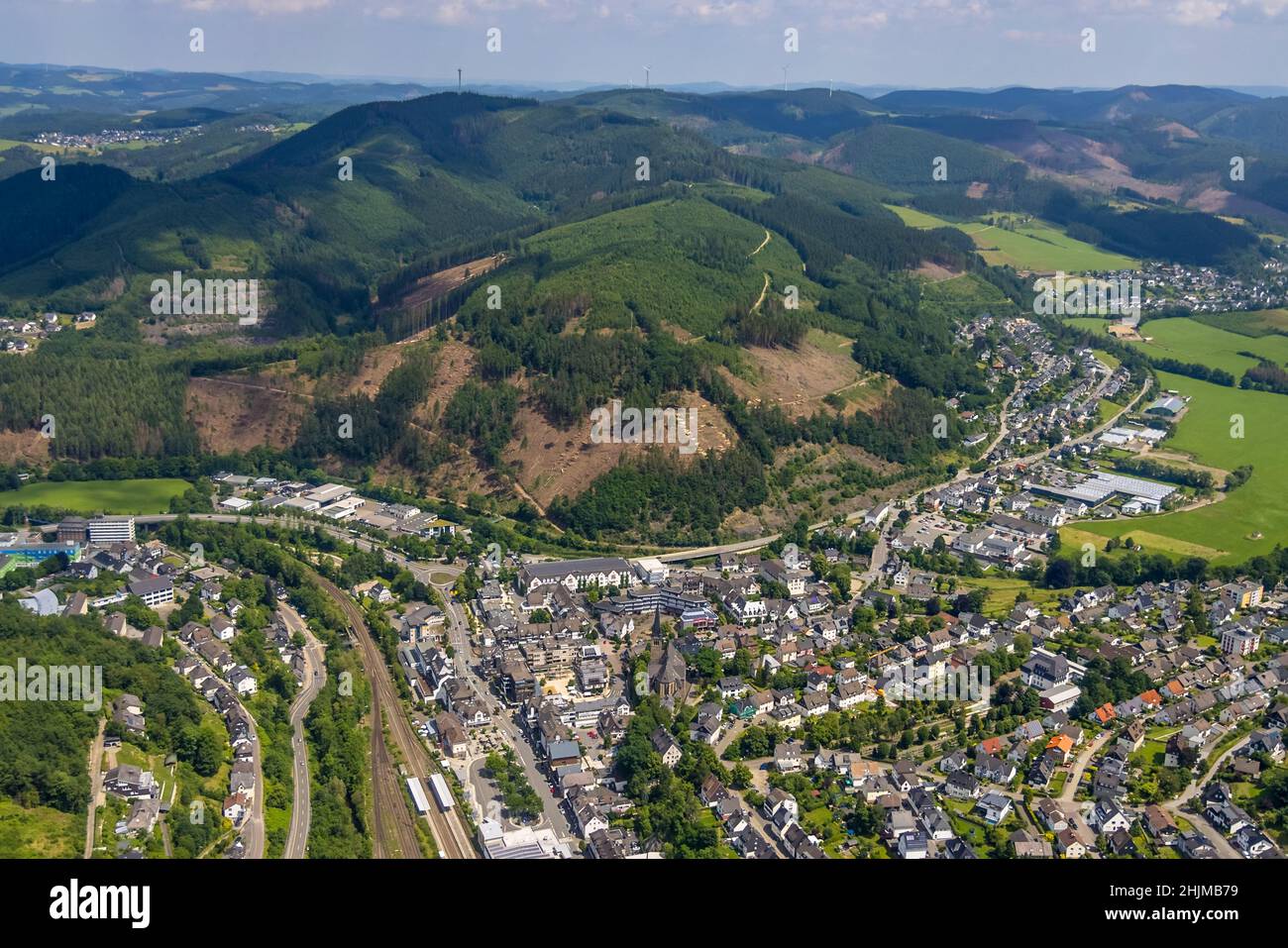 Aerial photograph, forest area with forest damage, Altenhundem, Lennestadt, Sauerland, North Rhine-Westphalia, Germany, tree mortality, bark beetle da Stock Photo