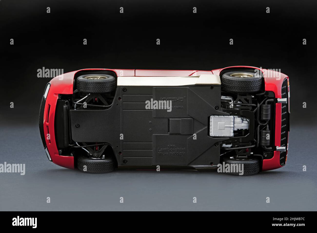 Die-cast model car scale 1/18 Lamborghini Miura Italian Supercar collectible. Bottom view. Stock Photo