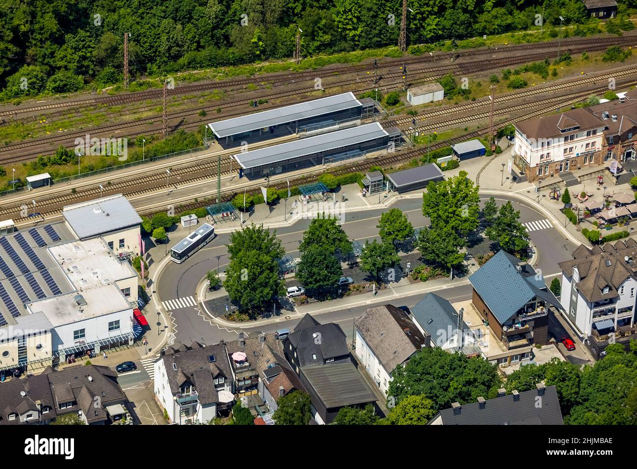 Aerial view, train and bus station, Altenhundem, Lennestadt, Sauerland