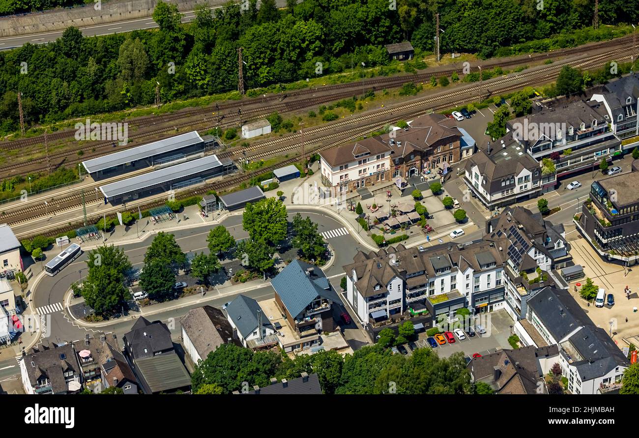 Aerial view, train and bus station, Altenhundem, Lennestadt, Sauerland