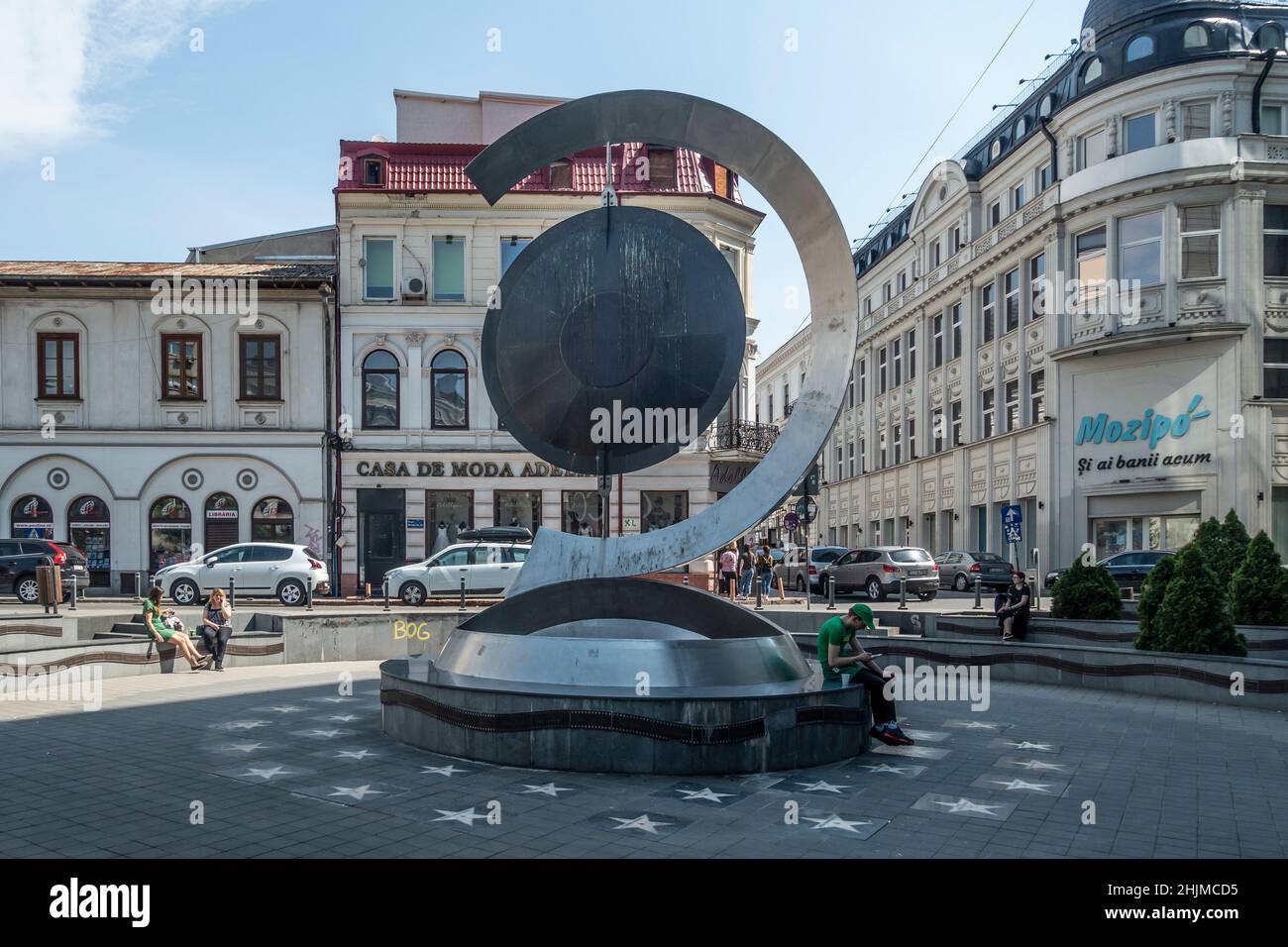 Thalia's Gong, a celebration of 200 years of theatre in Bucharest, Romania. Stars around the base to commemorate well-known Romanian actors. Stock Photo