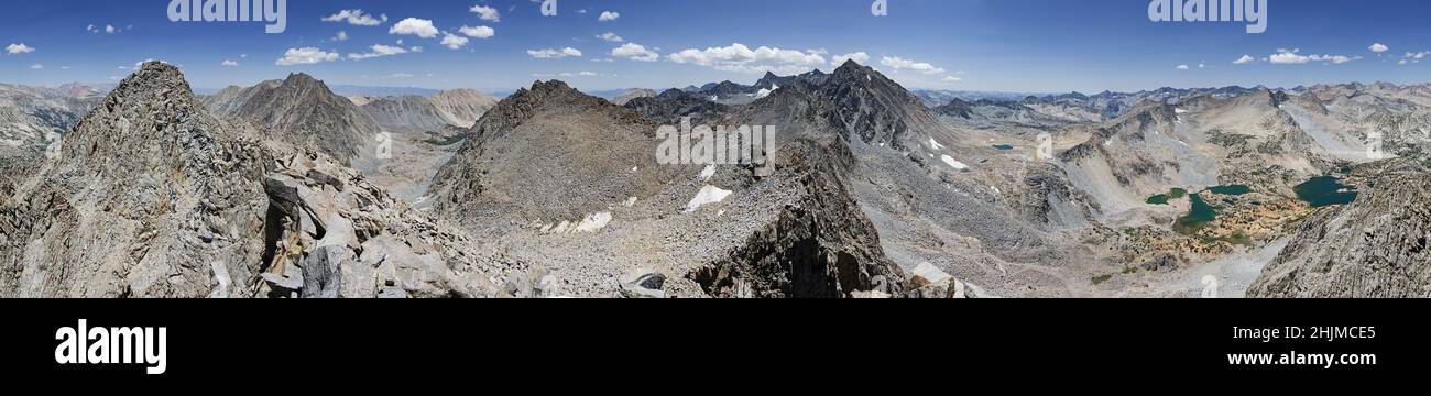 360 degree Sierra Nevada mountain panorama from the Inconsolable Range overlooking Bishop Pass and the John Muir Wilderness Stock Photo