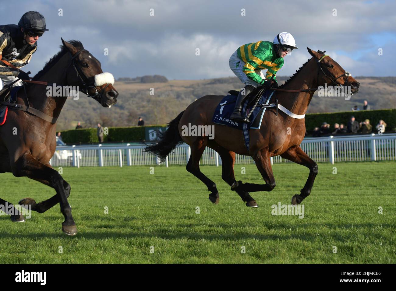Racing at Cheltenham Racecourse, Prestbury Park on Festival Trials Day in January ahead of the Cheltenham Gold Cup Festival in March.   Sixth race 3.0 Stock Photo