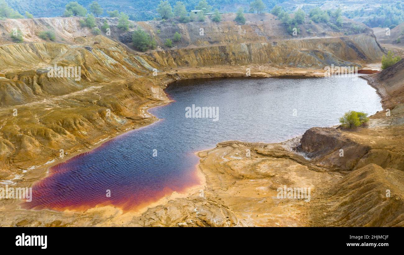 Environmental damage at abandoned open pit pyrite mining site near Sia, Cyprus Stock Photo
