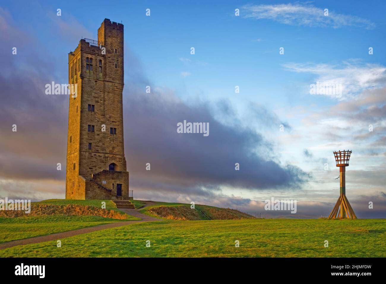 UK,West Yorkshire,Huddersfield,Castle Hill,Victoria Tower and Millennium Beacon Stock Photo