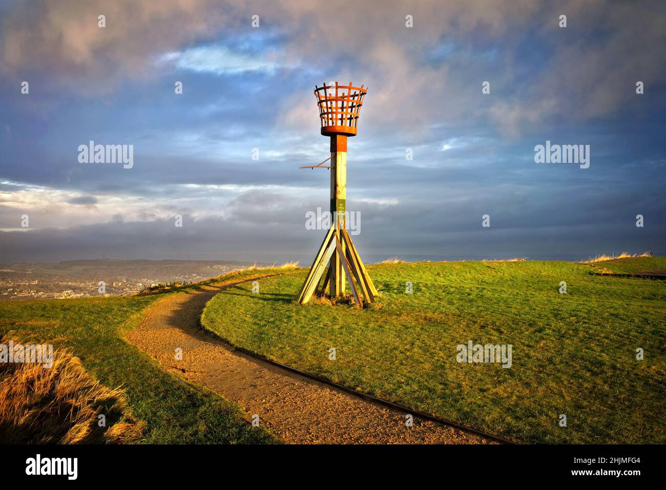 UK,West Yorkshire,Huddersfield,Castle Hill,Victoria Tower and Millennium Beacon Stock Photo