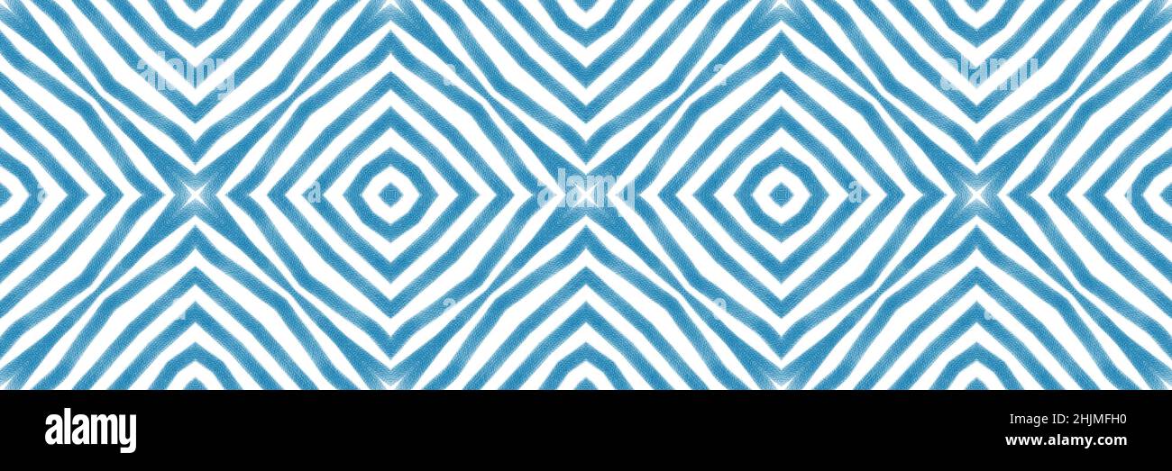 Arabesque hand drawn seamless border. Blue symmetrical kaleidoscope background. Oriental arabesque hand drawn design. beauteous decorative design elem Stock Photo