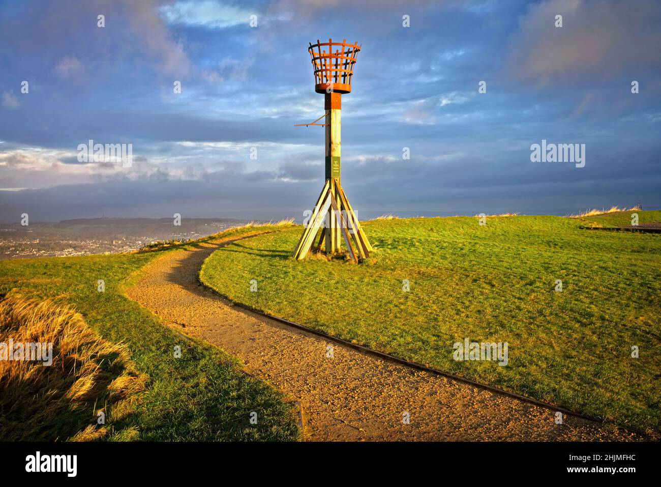 UK,West Yorkshire,Huddersfield,Castle Hill,Victoria Tower and Millennium Beacon Stock Photo