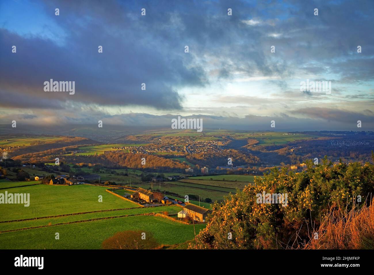 UK, West Yorkshire, Huddersfield, Castle Hill, View looking south west towards Honley Stock Photo