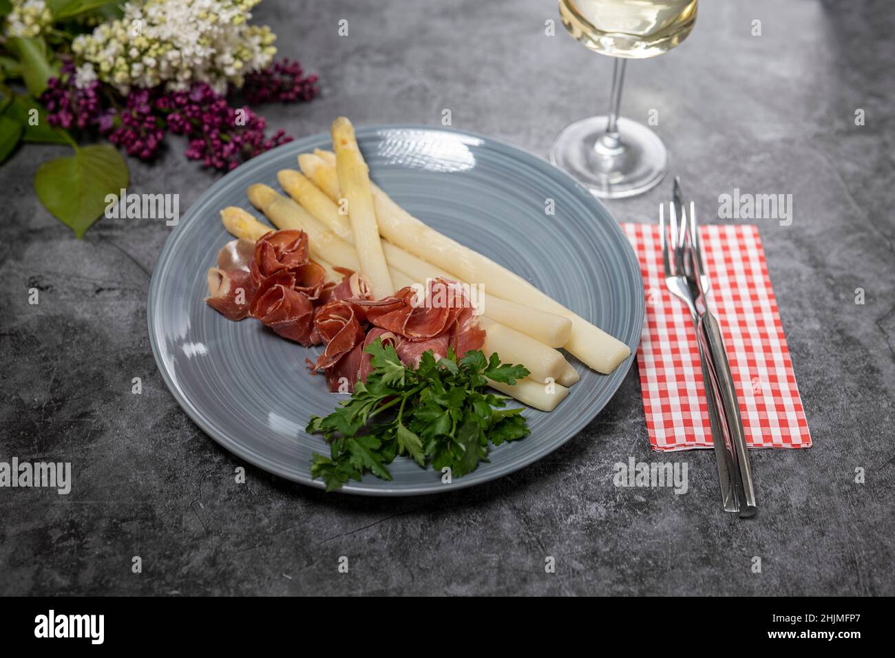 white asparagus with Serrano ham Stock Photo