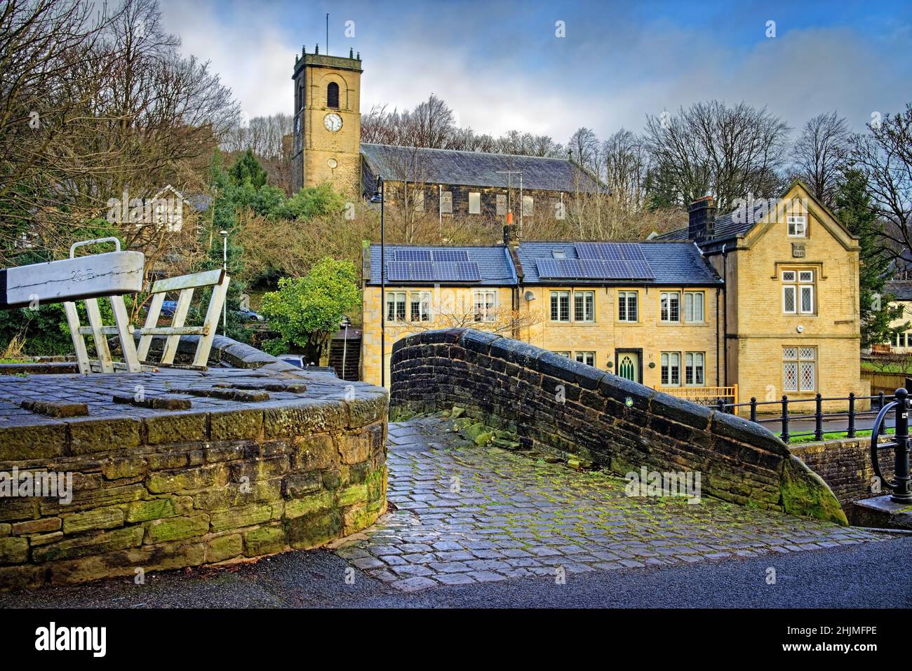 UK, West Yorkshire, Huddersfield, Slaithwaite Parish Church from Canal Side Stock Photo