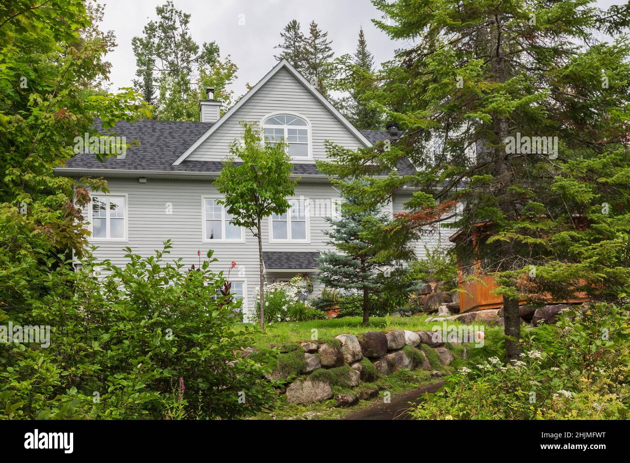 Back of cottage style house through deciduous and conifer trees with raised terrain bordered by rock wall with Thymus serpyllum - Wild Thyme. Stock Photo