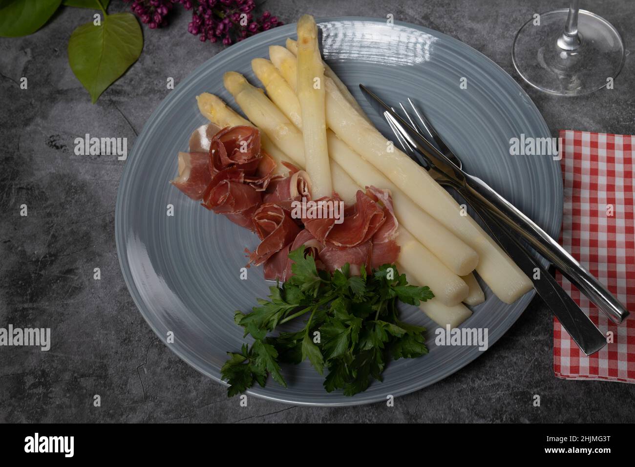 white asparagus with Serrano ham Stock Photo