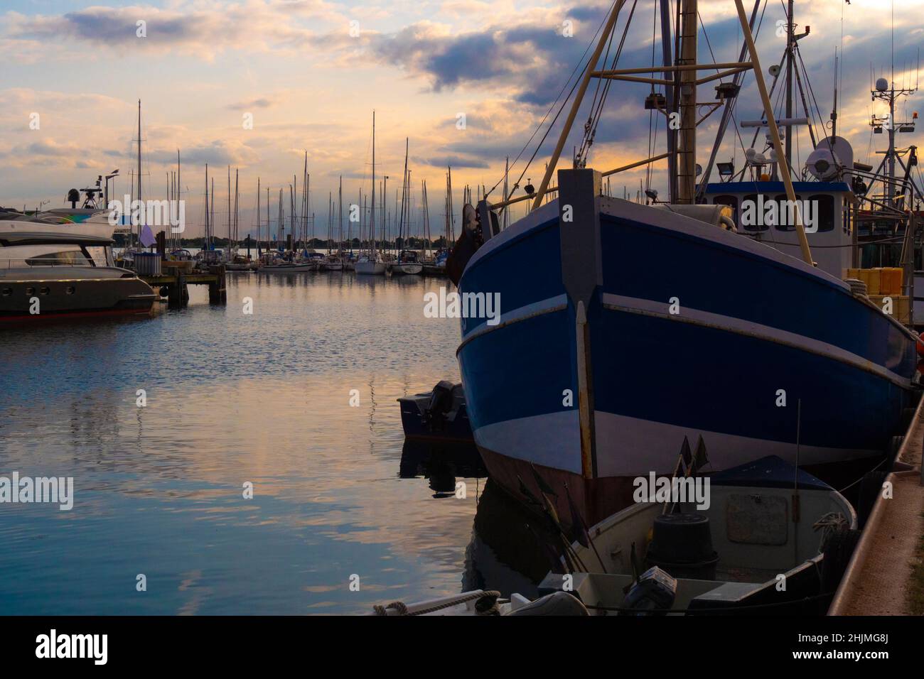 romantic evening mood in an old fishing port, Burgstaaken, Fehmarn Island, Germany Stock Photo