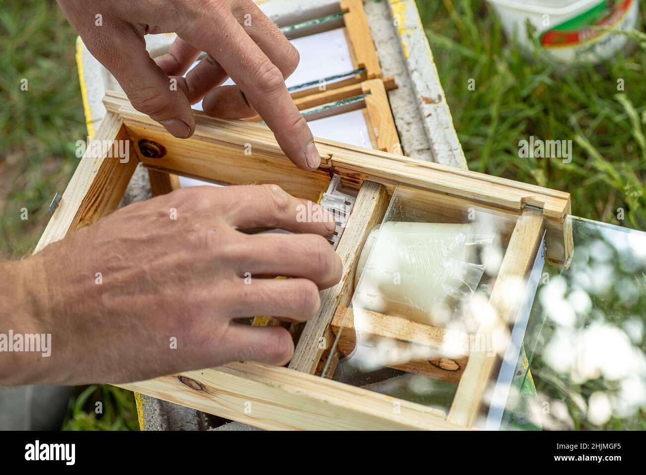 Beekeeper holding a small Nucleus with a young queen bee. Breeding of queen bees. Beehives with