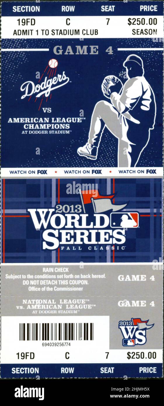 Ticket printed in advance of the World Series in 2013 for the Los Angeles Dodgers who were eliminated in the playoffs that year. Stock Photo