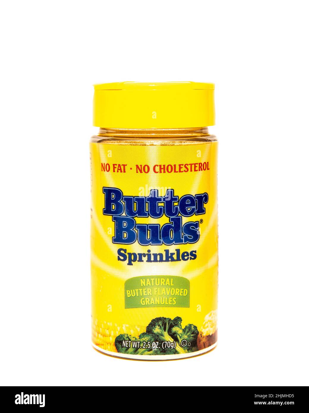 A plastic bottle of Butter Buds Sprinkles, natural butter favored granules, with no fat and no cholesterol Stock Photo
