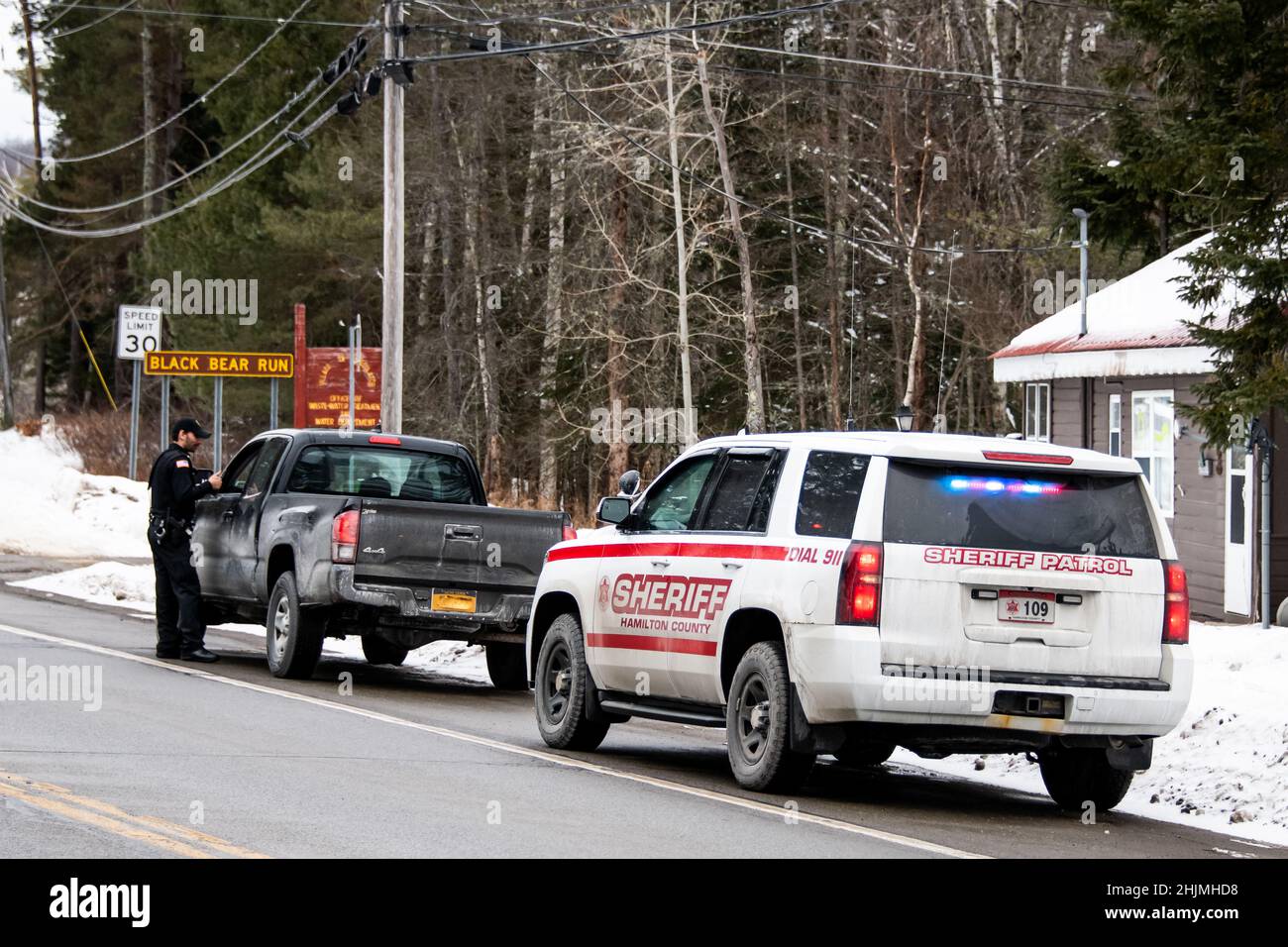 A Hamilton County NY sheriff patrol making a traffic stop in Speculator