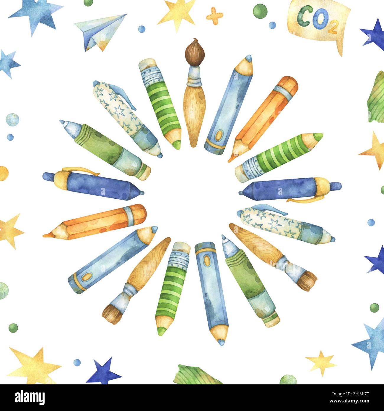 Circle composition of whimsical watercolor pencils, pens and brushes