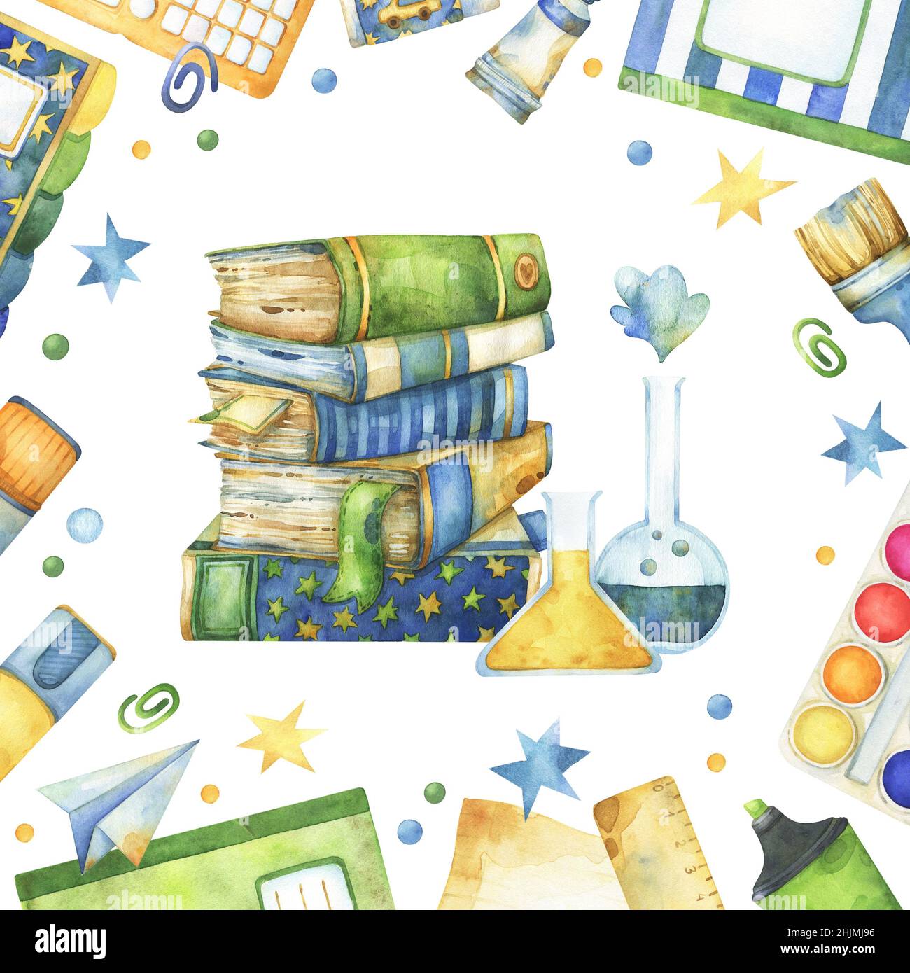 Watercolor stationery items and school supplies clipart frame, including  notebook, art and craft items, stars, brushes graphics, with a stack of  books Stock Photo - Alamy