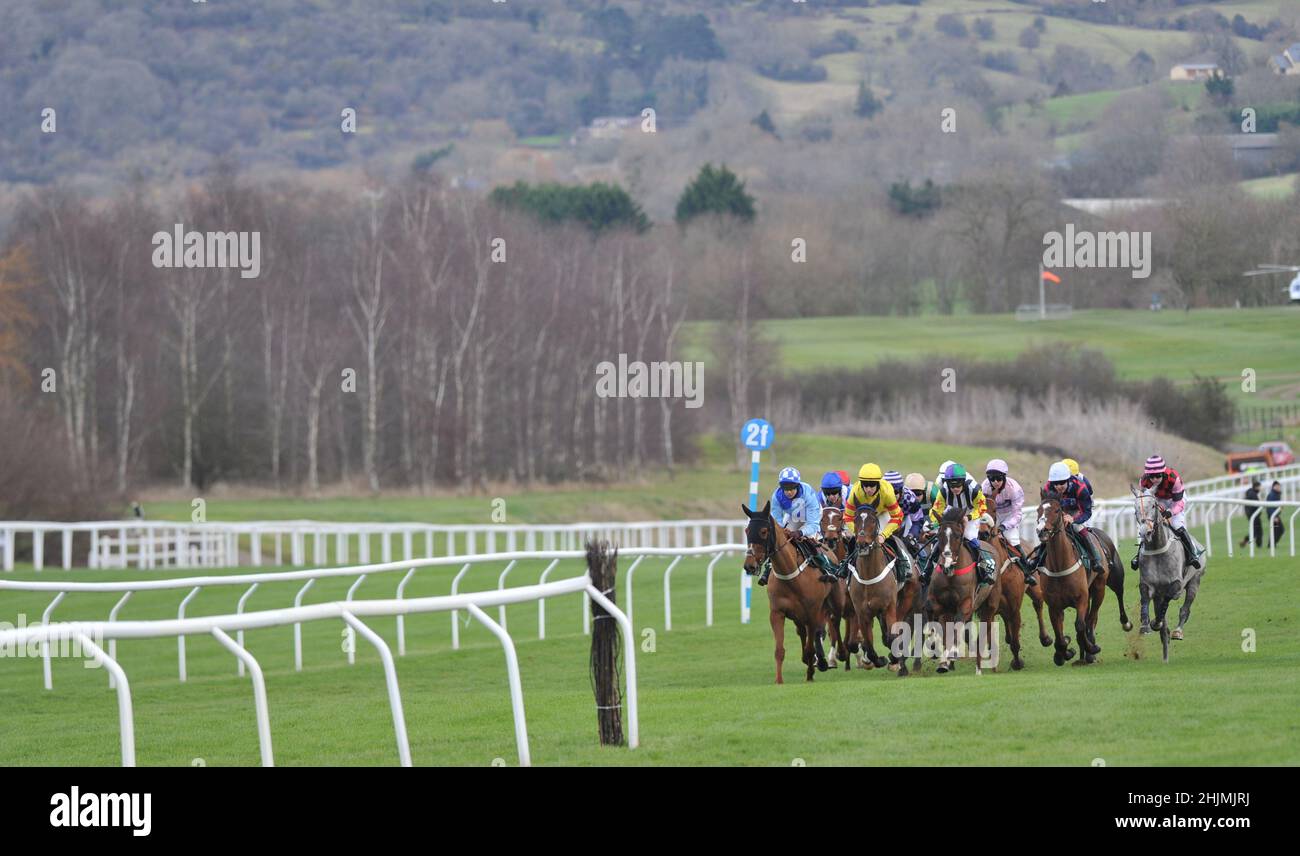 Racing at Cheltenham Racecourse, Prestbury Park on Festival Trials Day in January ahead of the Cheltenham Gold Cup Festival in March.   Horses making Stock Photo
