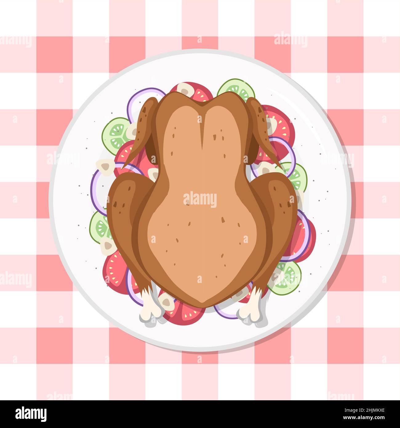 Whole baked chicken with salad healthy diet meal on plate. Vector