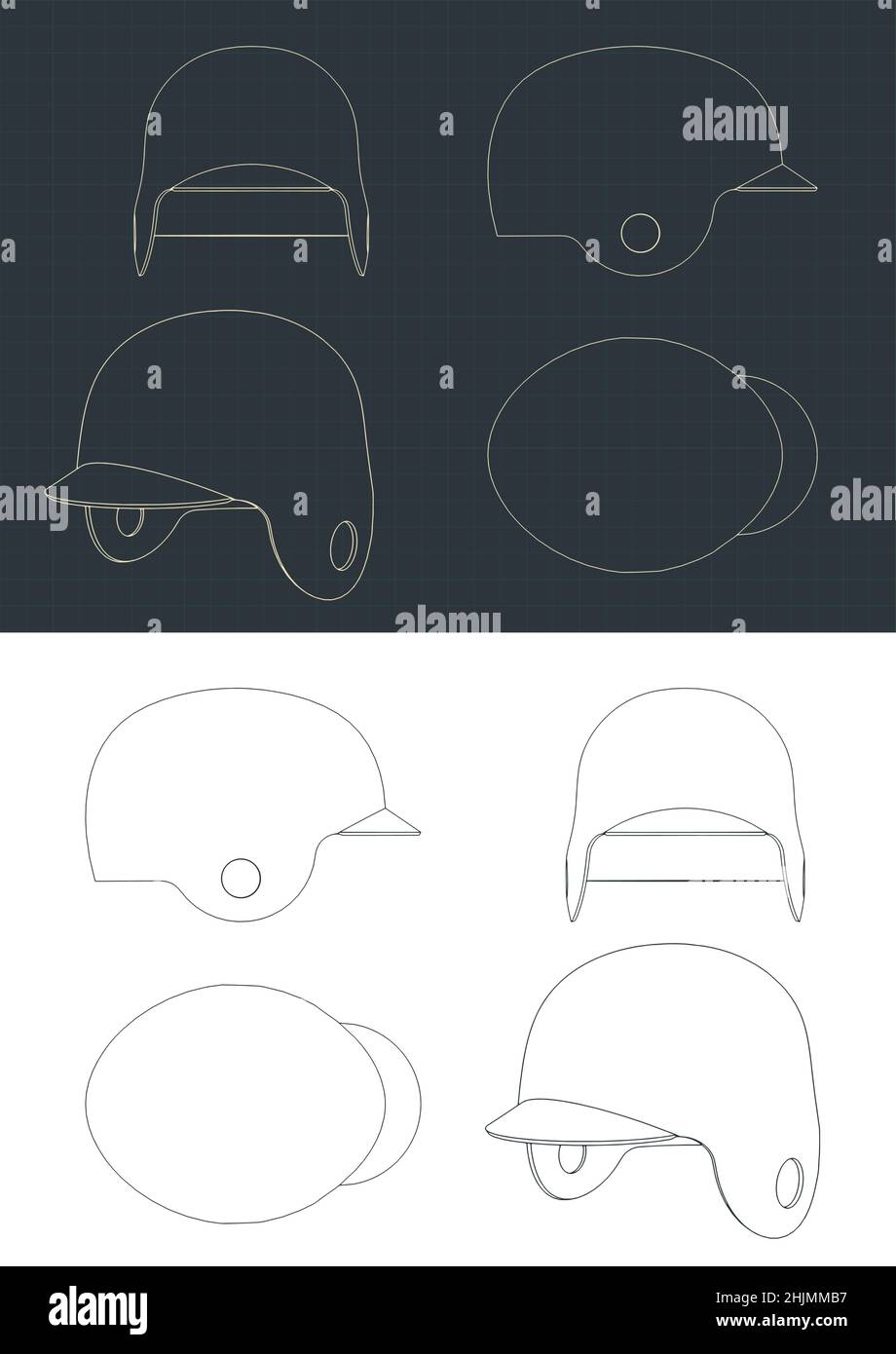 Stylized vector illustrations of blueprints of american baseball helmet