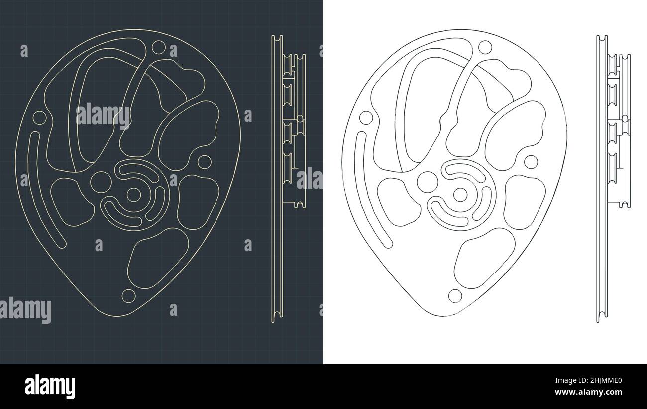 Stylized vector illustrations of blueprints of compound bow cam Stock