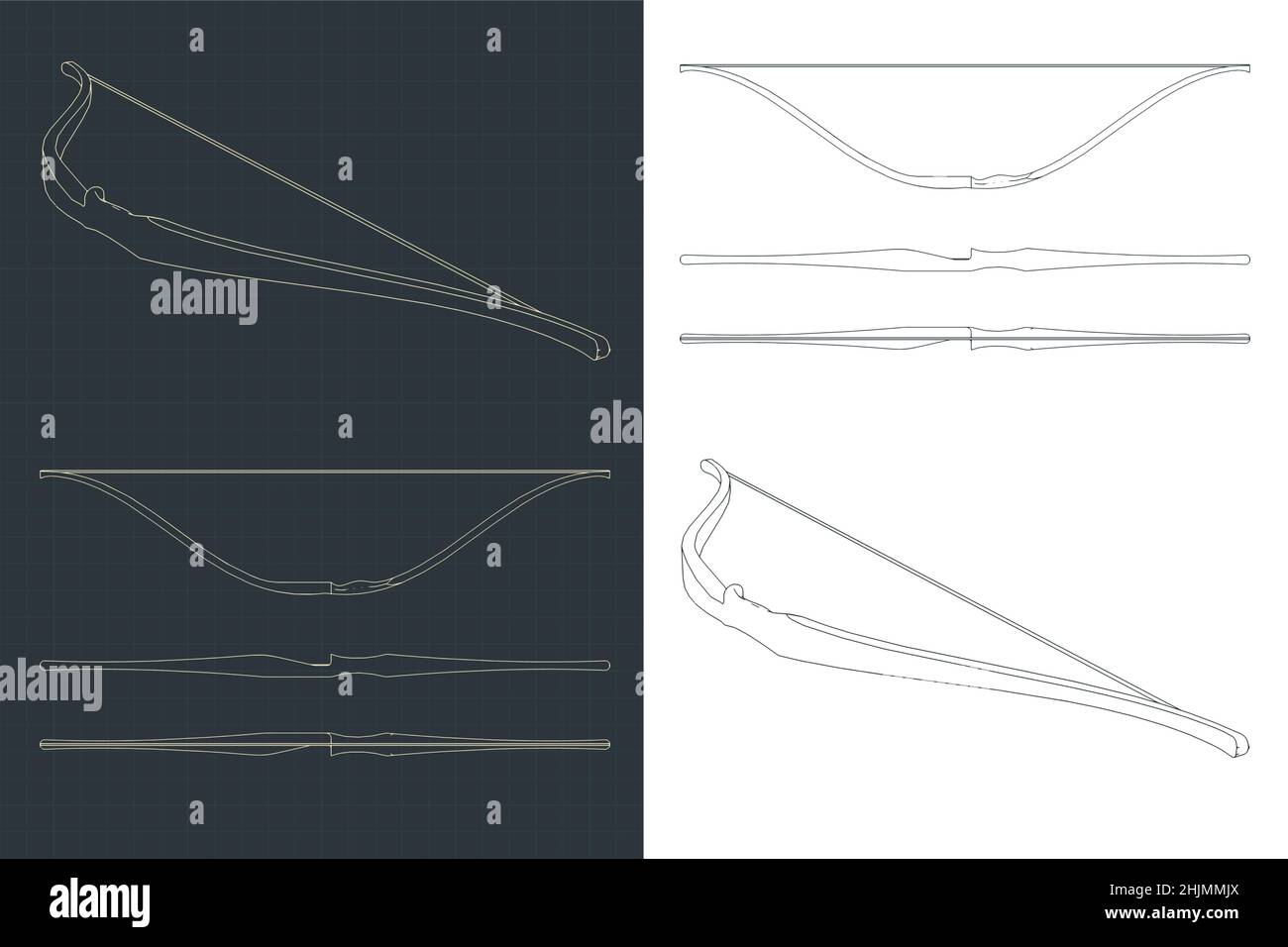 Stylized vector illustration of blueprints of recurve bow Stock Vector