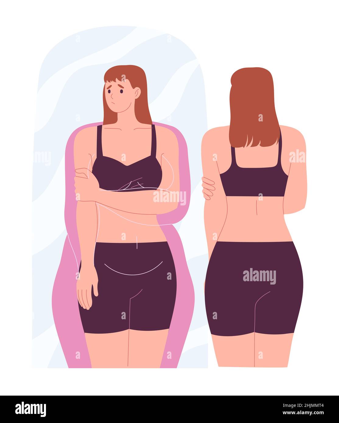 Woman is unhappy with her reflection in the mirror, overweight, it seems to her that she is fatter than she really is. Stock Vector