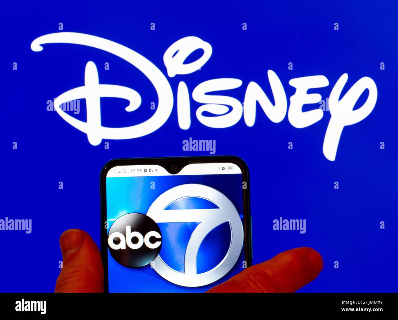 Ukraine. 30th Jan, 2022. In this photo illustration, the KABC7 Studio B logo is seen displayed on a smartphone screen with the Disney logo in the background. Credit: SOPA Images Limited/Alamy Live News Stock Photo