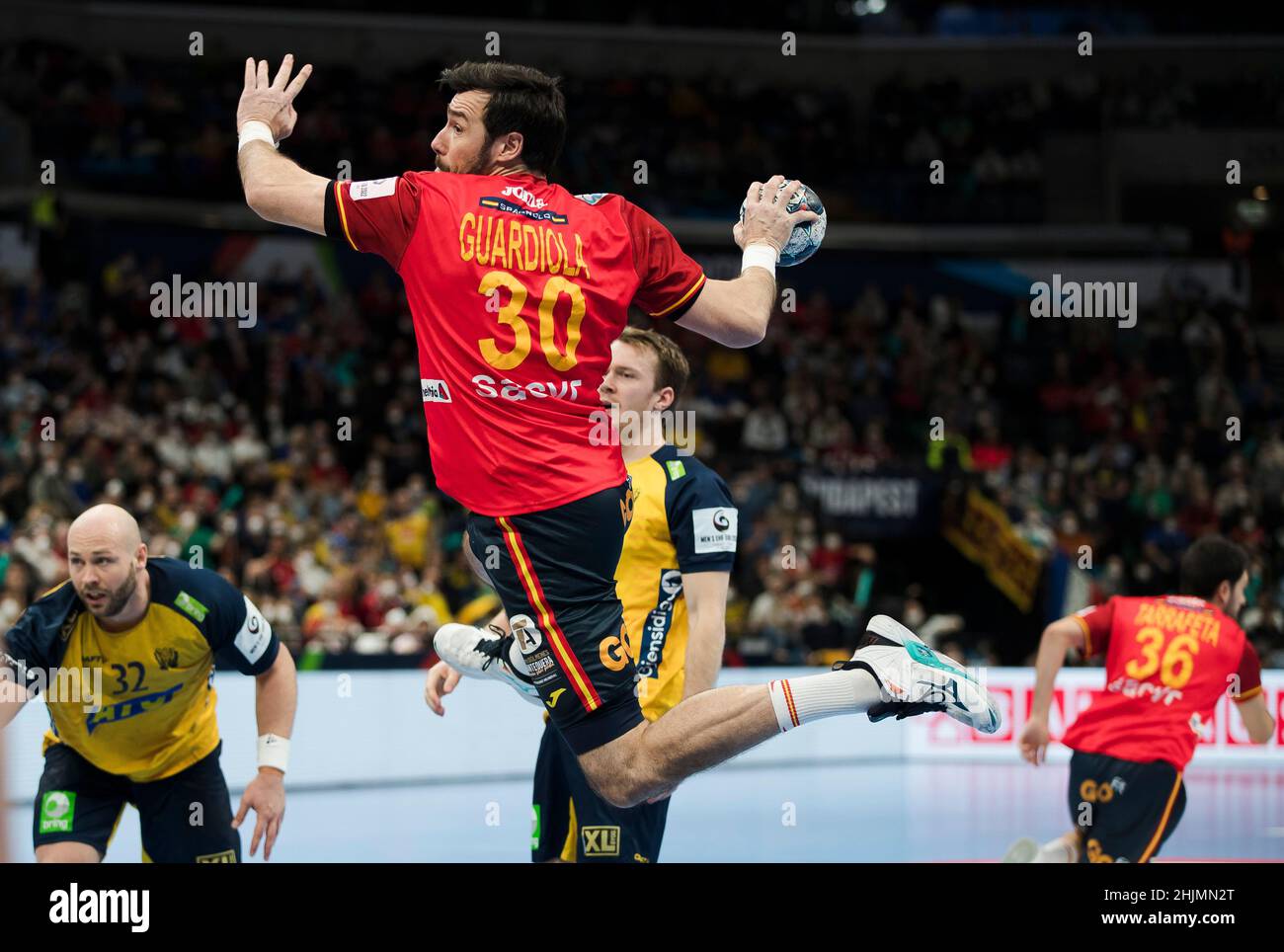 Budapest, Hungary, 30th January 2022. Gedeon Guardiola Villaplana of Spain shoots on goal during the Men's EHF EURO 2022, Final Match match between Sweden v Spain in Budapest, Hungary. January 30, 2022. Credit: Nikola Krstic/Alamy Stock Photo