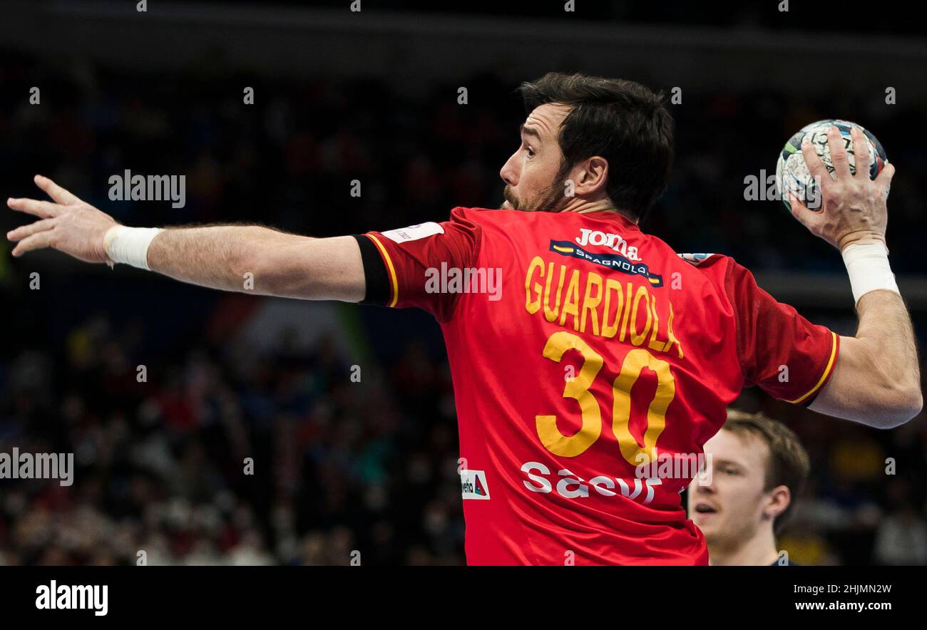 Budapest, Hungary, 30th January 2022. Gedeon Guardiola Villaplana of Spain shoots on goal during the Men's EHF EURO 2022, Final Match match between Sweden v Spain in Budapest, Hungary. January 30, 2022. Credit: Nikola Krstic/Alamy Stock Photo
