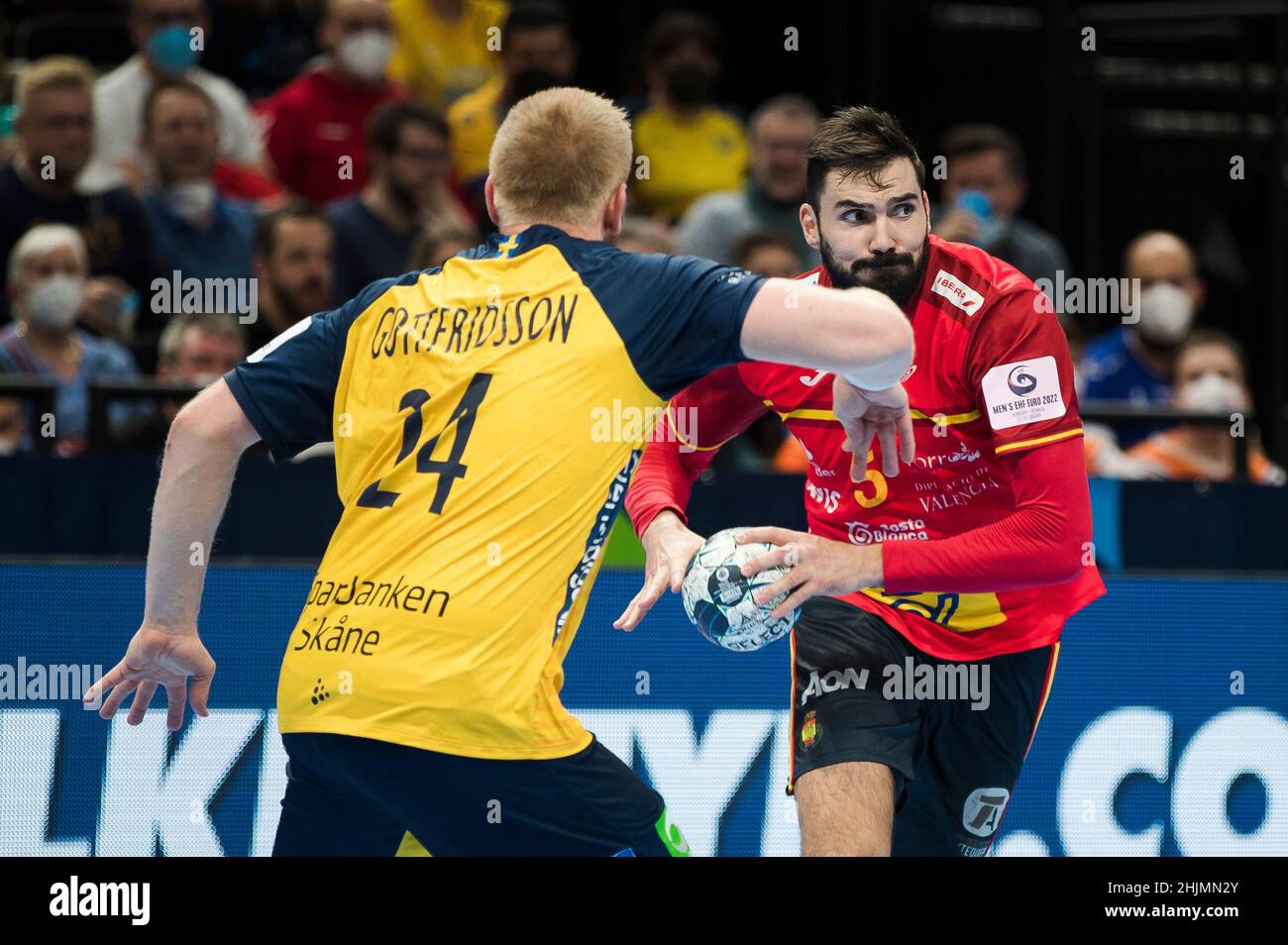 Budapest, Hungary, 30th January 2022. Jorge Maqueda Peno of Spain in action during the Men's EHF EURO 2022, Final Match match between Sweden v Spain in Budapest, Hungary. January 30, 2022. Credit: Nikola Krstic/Alamy Stock Photo