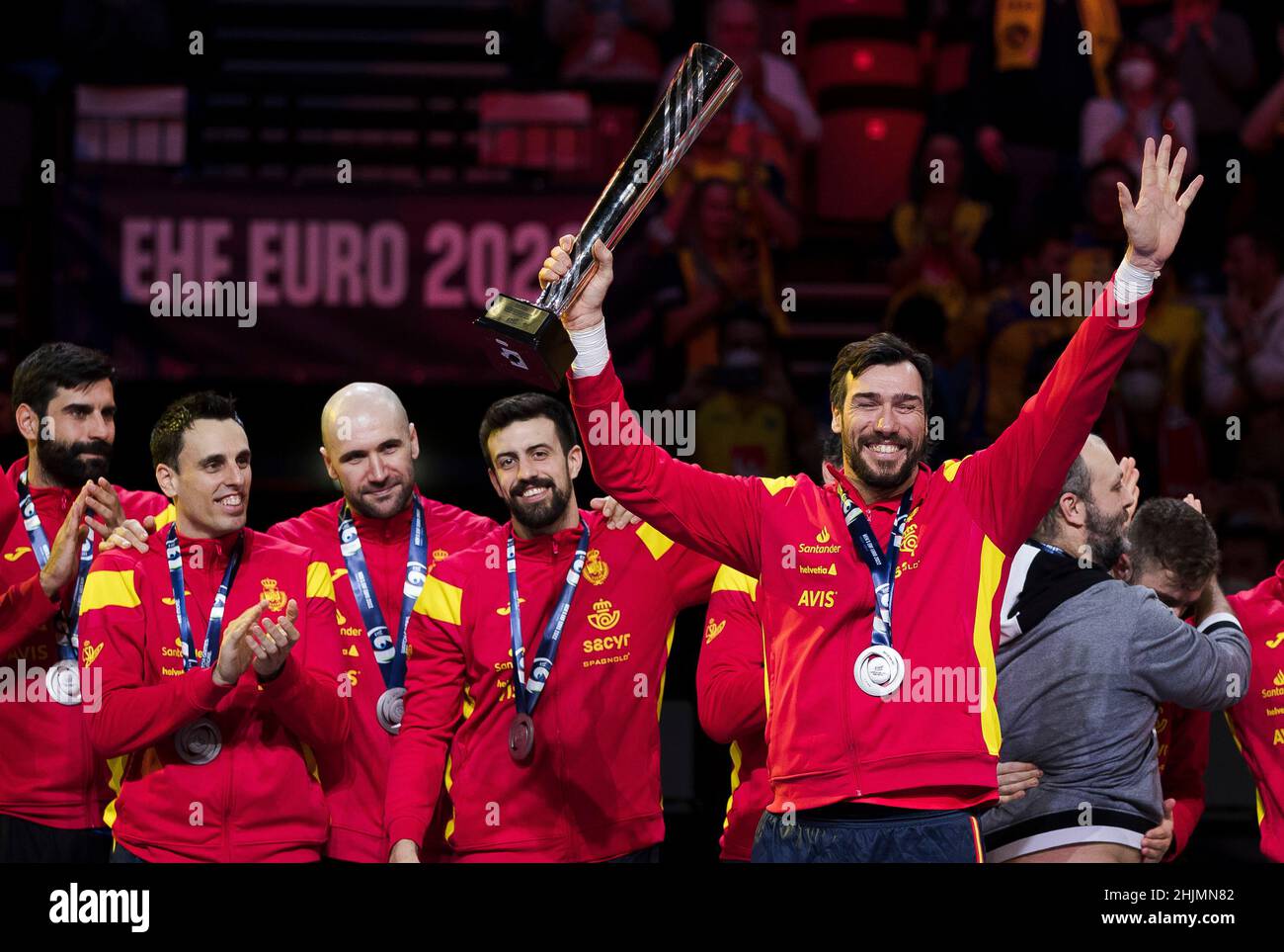 Budapest, Hungary, 30th January 2022. Gedeon Guardiola Villaplana of Spain celebrates the second place with his teammates during the Men's EHF EURO 2022, Final Match match between Sweden v Spain in Budapest, Hungary. January 30, 2022. Credit: Nikola Krstic/Alamy Stock Photo