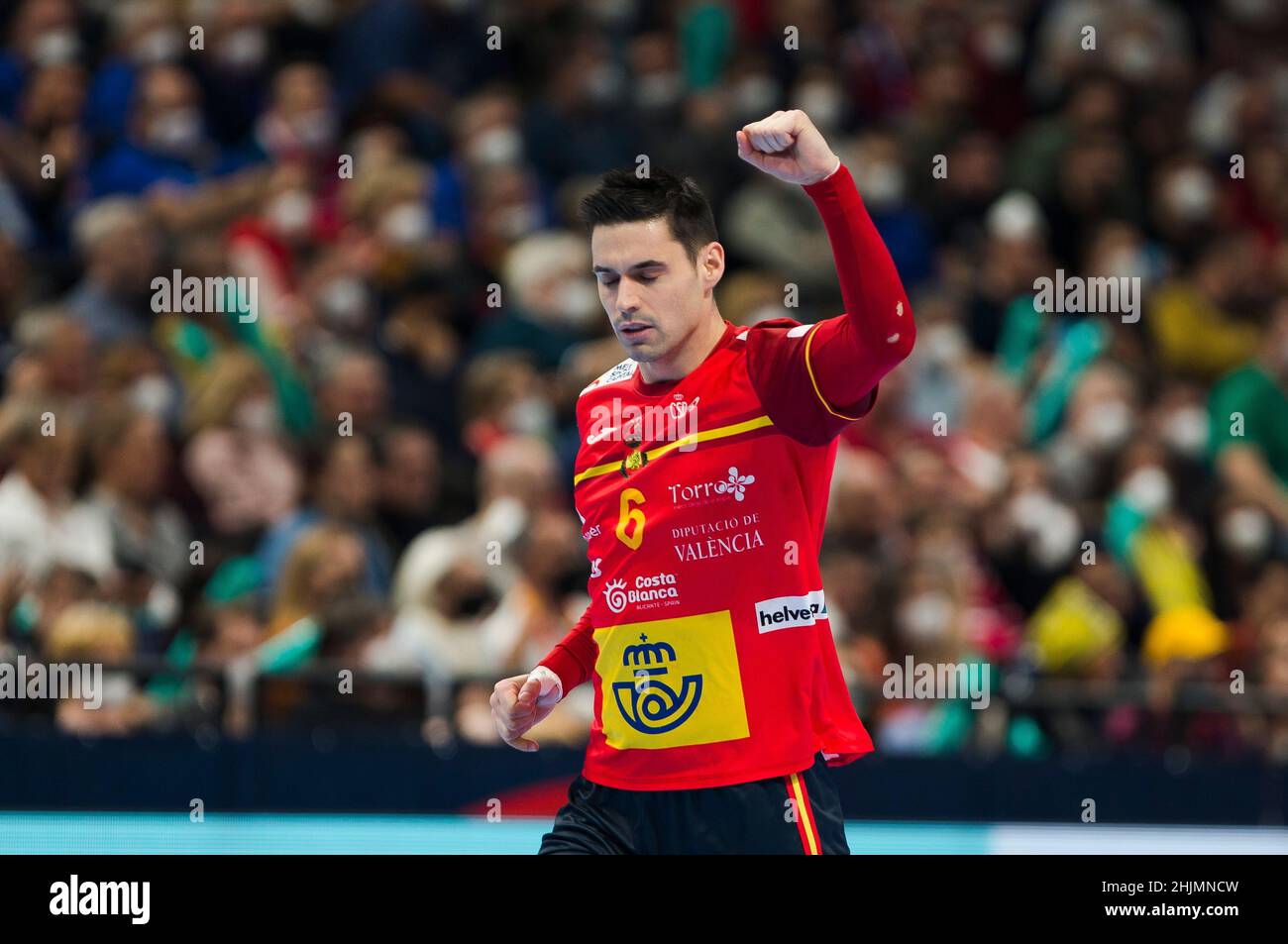 Budapest, Hungary, 30th January 2022. Angel Fernandez Perez of Spain celebrates after scoring