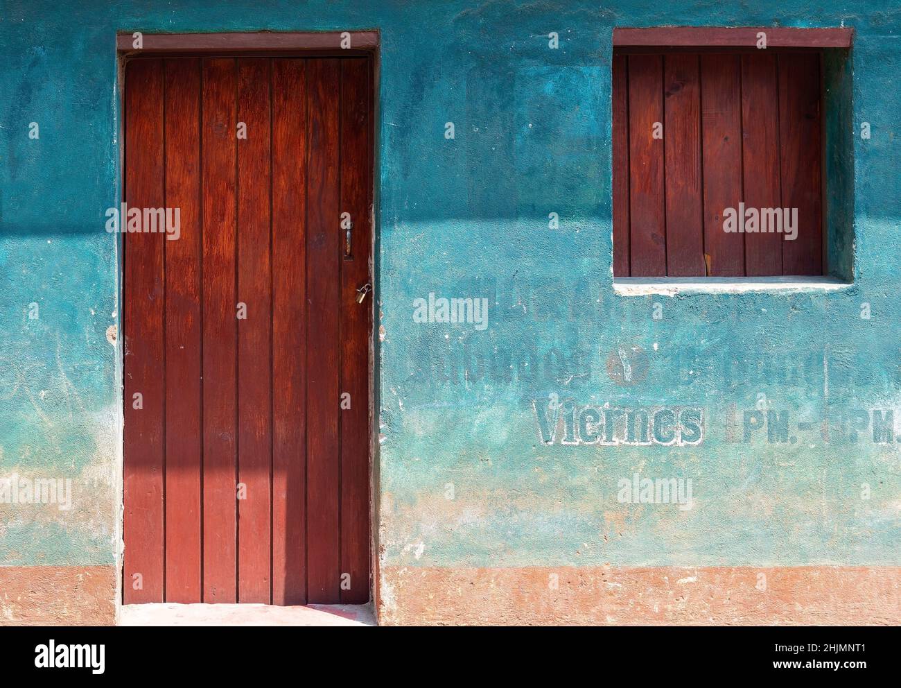 Colorful colonial style facade in Antigua city, Guatemala. Stock Photo