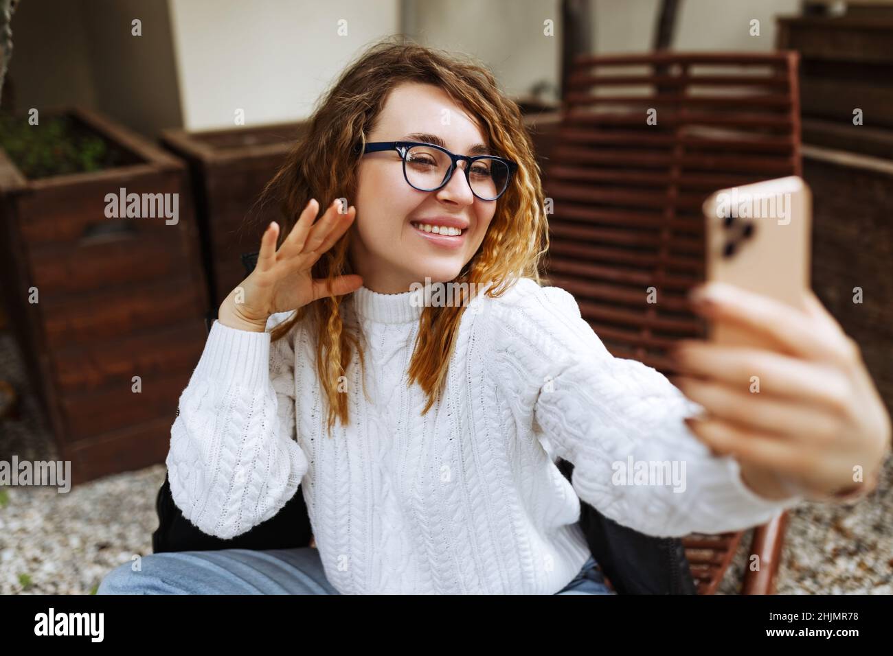 Happy young caucasian,millennial or gen z woman with long hair