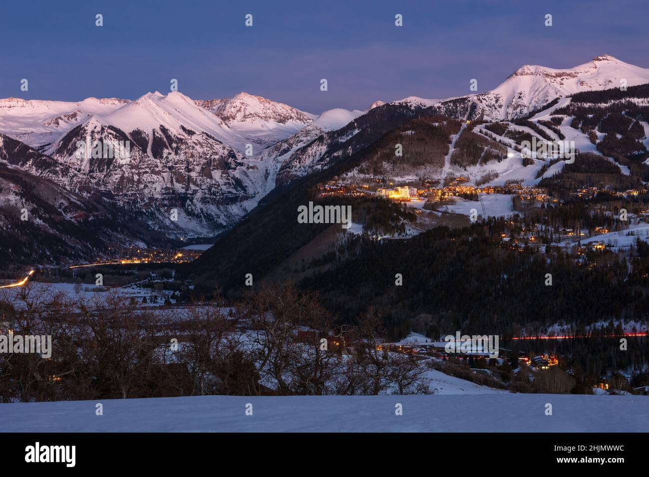 The San Juan Mountains and Telluride, Colorado in winter with fresh snow Stock Photo